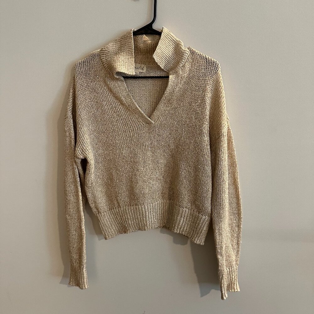 Marled Cream and Gold Cardigan with Chunky Knit and Cowl Neck